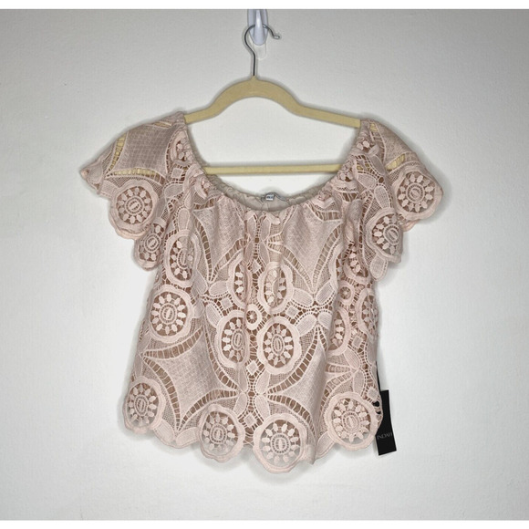 NWT Lucy Paris Sexy Zuma Sage Tan Lace Off Shoulder Neckline Crop Blouse Small - Picture 1 of 10